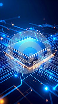 Futuristic Computer Processor Circuitry with Glowing Lines and Digital Data Flow