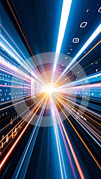 Futuristic high speed data transfer with vibrant light trails and binary code in a digital tunnel