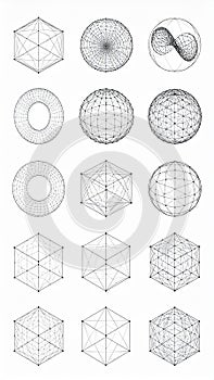 Geometric shapes and wireframe models in a grid pattern on a white background