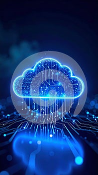 Glowing cloud computing concept with digital circuit lines and data transfer illustration