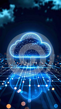 Glowing Cloud Computing Concept with Digital Lines and Data Stream in Dark Blue Background