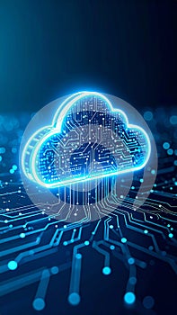 Glowing cloud computing icon with circuit board design, data transfer concept