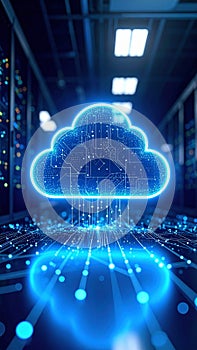 Glowing cloud computing icon with digital data transfer in a server room.