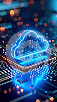 Glowing cloud computing symbol on a circuit board representing data storage