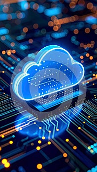 Glowing cloud computing symbol on a circuit board representing data storage and technology