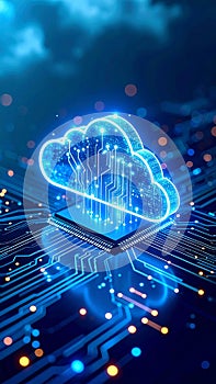 Glowing cloud computing symbol connected to a circuit board, technology concept.