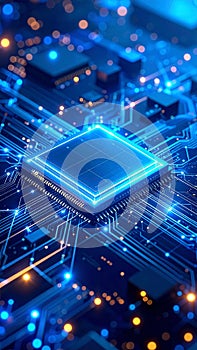 Glowing computer chip and circuit board showing digital data processing and technology