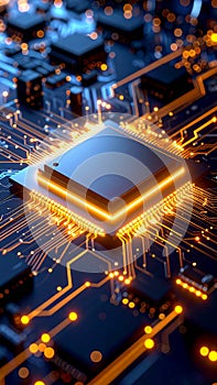 Glowing computer processor and circuit board with electronic pathways and components