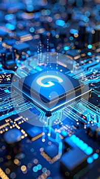 Glowing computer processor with integrated circuit board and digital data stream