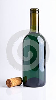 Green Glass Wine Bottle with Cork on White Background