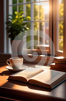 Guiet luxury of everyday life. An open book, coffee and potted indoor flower by window flooded with summer sunshine photo