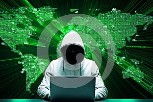 Hacker initiating global cyber attack using laptop in server room