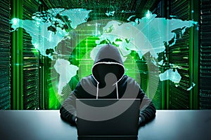 Hacker initiating global cyber attack using laptop in server room