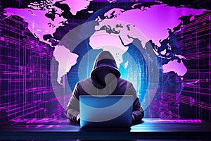 Hacker initiating global cyber attack using laptop in server room