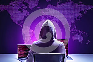 Hacker initiating global cyber attack using laptop in server room