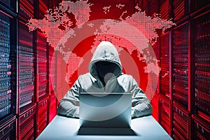 Hacker initiating global cyber attack using laptop in server room