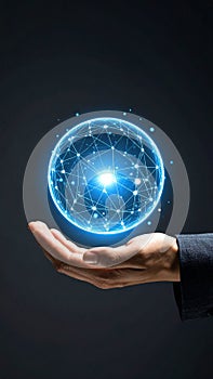 Hand holding glowing digital network sphere modern technology concept