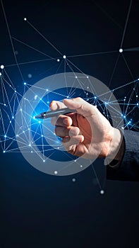 Hand pointing at glowing network connections, data visualization, digital technology concept.