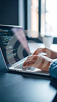 Hands typing on laptop with coding on screen, working in office setting.
