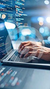 Hands typing on laptop with glowing code and bokeh background