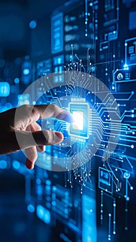 Human hand touching illuminated computer circuit board data visualization