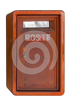 red rusty mailbox with the word Poste for sending letter photo