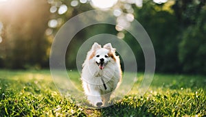 Generated image. lawn background. The happy dog runs. silhouette of a man from the back. cinematic effe