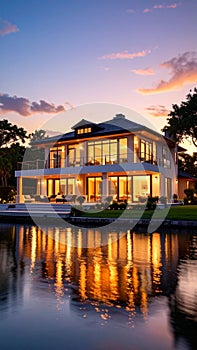 Luxury waterfront home illuminated at twilight with glowing windows reflecting in calm water