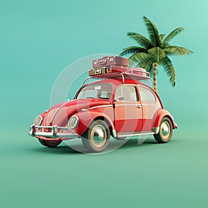 Generated image. Model of a red retro car with suitcases on a blue background