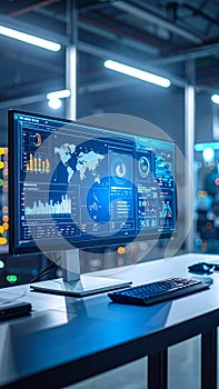 Modern computer screen displaying data analysis charts and graphs in a tech facility.