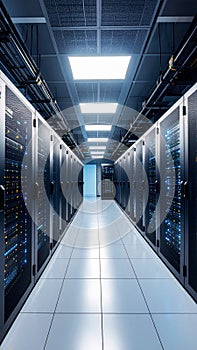 Modern datacenter aisle with rows of server racks glowing with lights and ceiling cables