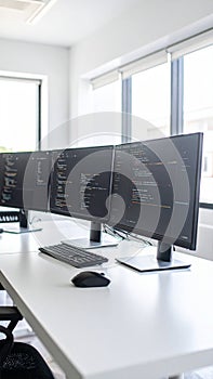 Modern Office Setup with Multiple Computer Monitors and Code Display