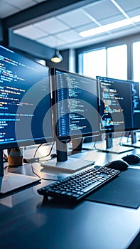 Modern office workspace with multiple computer monitors displaying code