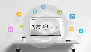 Modern VPN dashboard interface with floating icons for privacy, encryption, and secure browsing on desktop screen