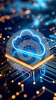 Neon cloud computing icon on digital circuit board with data transfer concept