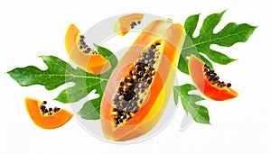 papaya with half slices papaya falling or flying in the air with green leaves isolated on white background