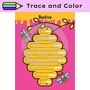 Pen tracing lines activity worksheet for children. Pencil control for kids practicing motoric skills. Beehive photo