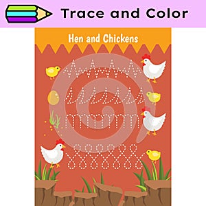 Pen tracing lines activity worksheet for children. Pencil control for kids practicing motoric skills. Chicken farm photo