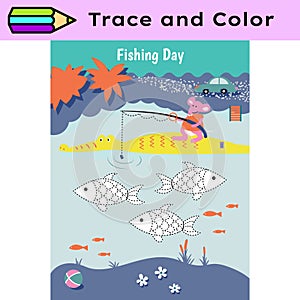 Pen tracing lines activity worksheet for children. Pencil control for kids practicing motoric skills. Fishing day photo