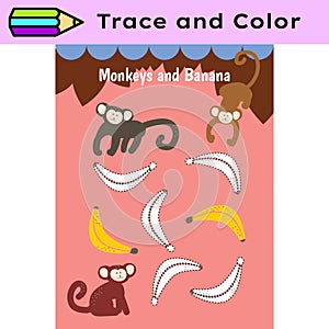 Pen tracing lines activity worksheet for children. Pencil control for kids practicing motoric skills. Monkeys photo