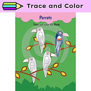 Pen tracing lines activity worksheet for children. Pencil control for kids practicing motoric skills. Parrots photo
