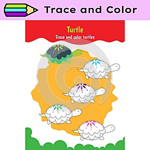Pen tracing lines activity worksheet for children. Pencil control for kids practicing motoric skills. Turtles photo