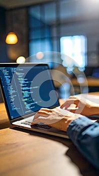 Person coding on laptop computer. Hands typing on keyboard, screen showing code in office.