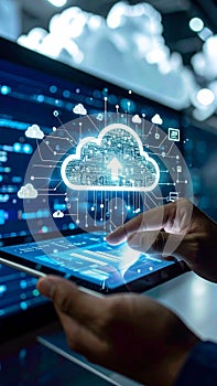 Person interacts with digital tablet displaying cloud computing network data and futuristic technology interface