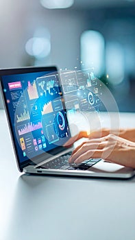 Person working on laptop with digital interface, data visualization, and graphs.