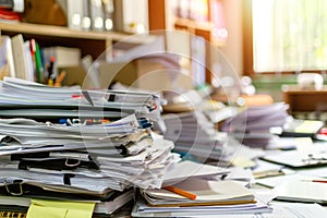 Pile of documents and stacks of paper files on office desk. Messy, cluttered workplace table