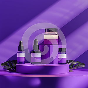 Generated image. Purple cosmetic bottles on a podium on a purple background