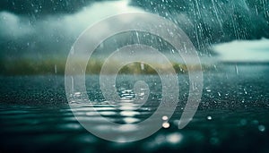 Rain drops falling down on water surface puddles texture backdrop