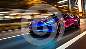 Red-blue car. A modern sports car drives quickly down the road