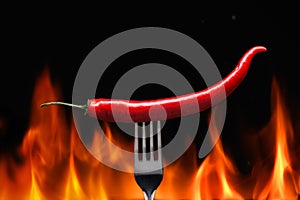 red chili pepper, pricked on a fork, on a background of burning fire, flames on a black background photo